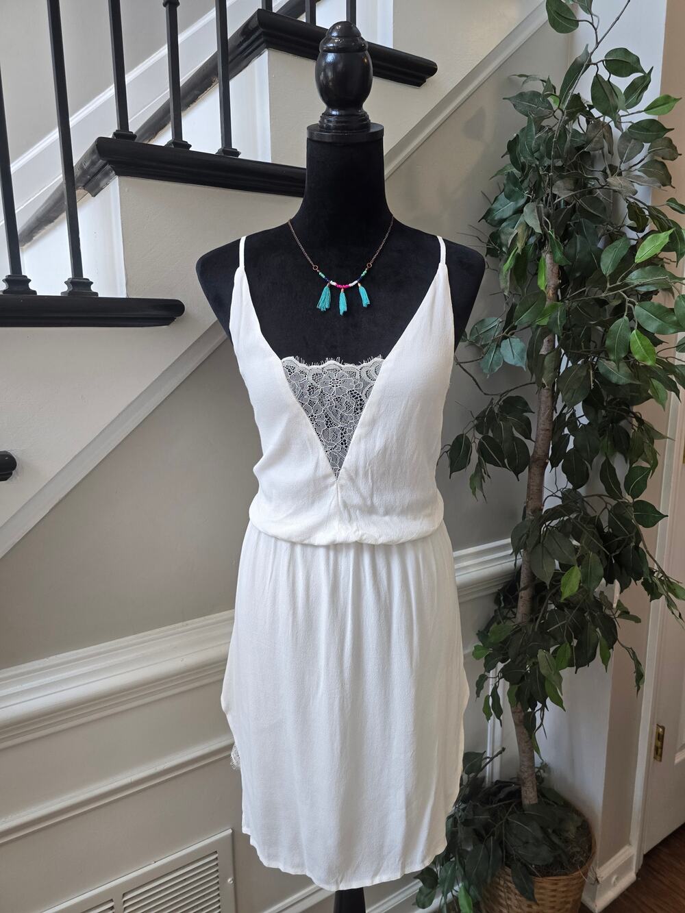 Slip Dress Women's Large White Crochet Open Strappy Back Side Slit Sleeveless